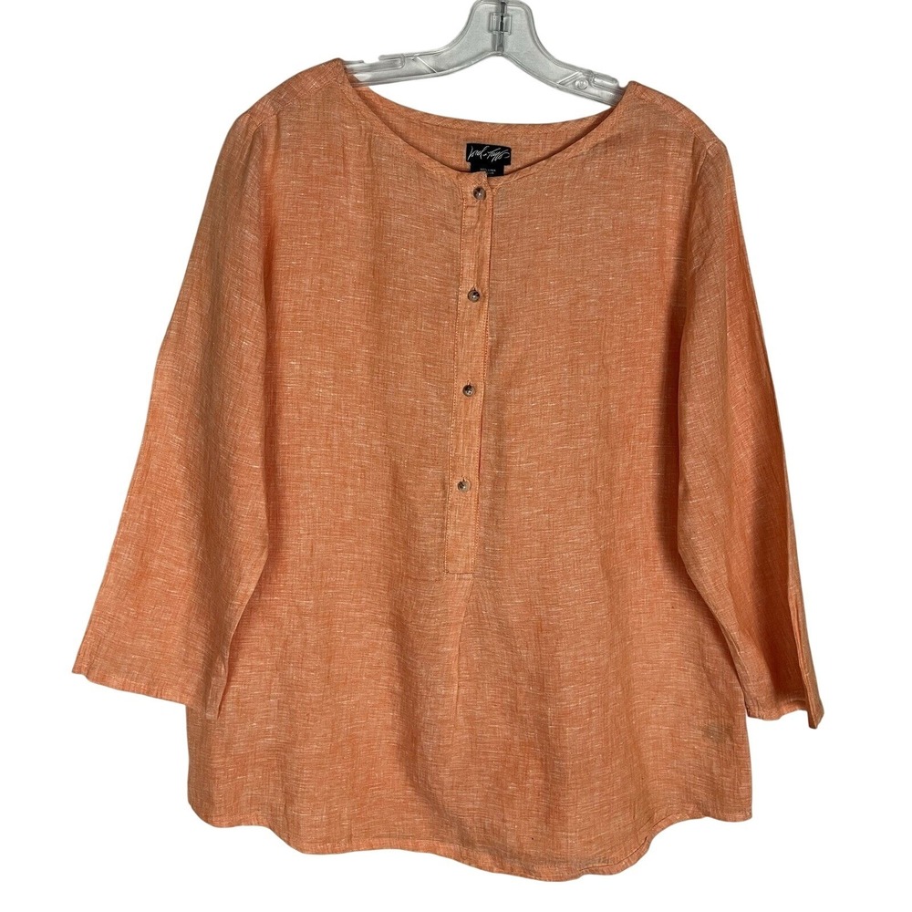 Lord + Taylor Top Blouse Women's L Orange 100% Linen Long Sleeve 1/2 Button Up